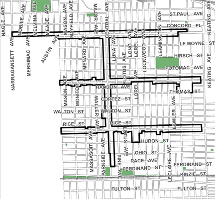 Austin Commercial TIF district, roughly bounded on the north by North Avenue, Race Avenue on the south, Cicero Avenue on the east, and Narragansett and Austin avenues (at the City Limits) on the west.